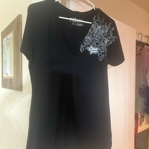 Fox Rider Women's Black V-Neck Tee with Graphic Design